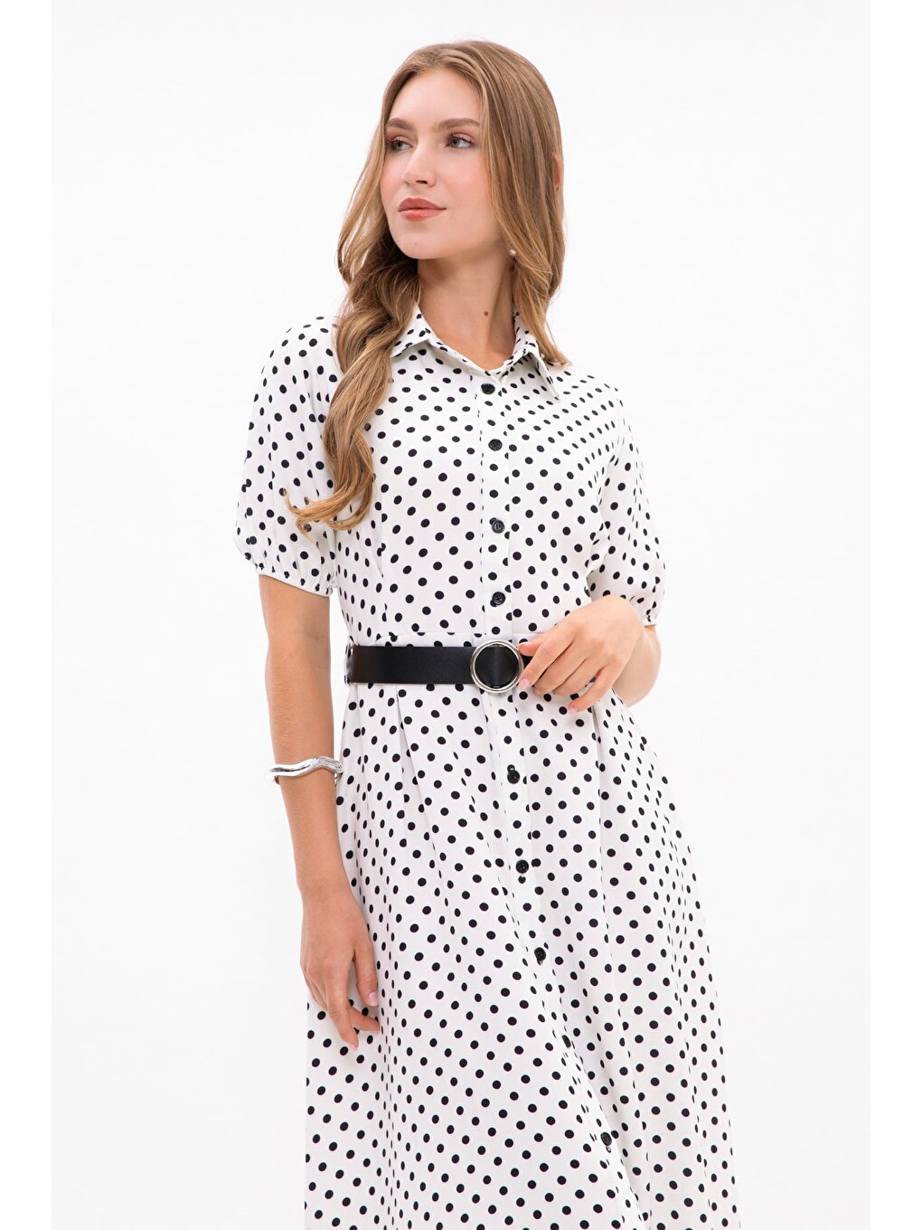 Ekru Puantiyeli Beli Kemerli Maxi Boy Elbise-4