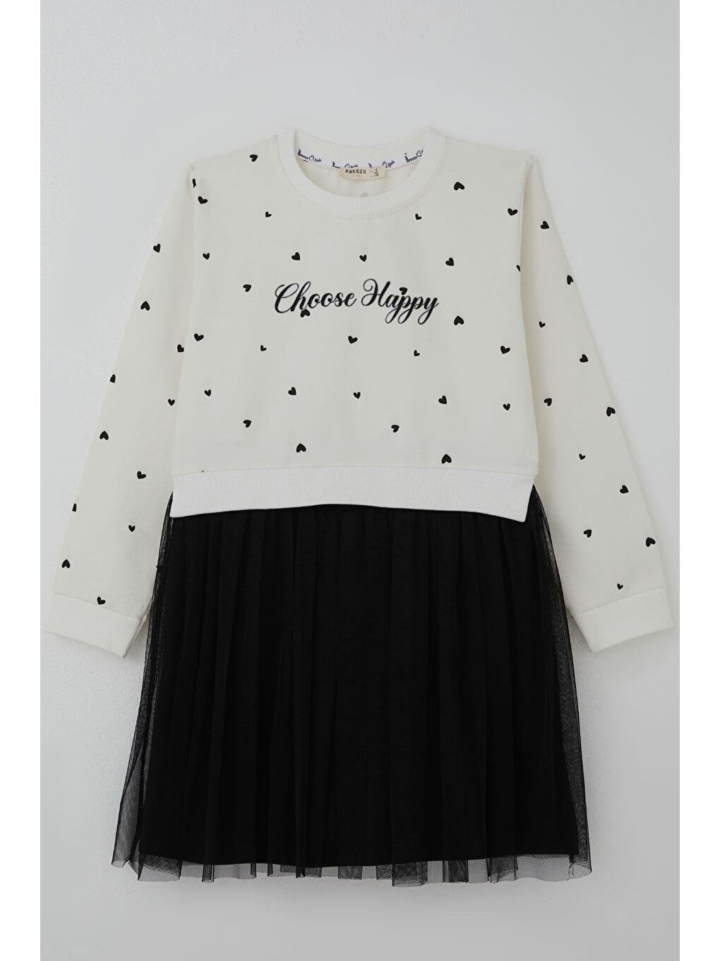 Kız Çocuk Uzun Kollu Elbise Kalp Desenli Yazı Baskılı Ekru (4-8 Yaş)