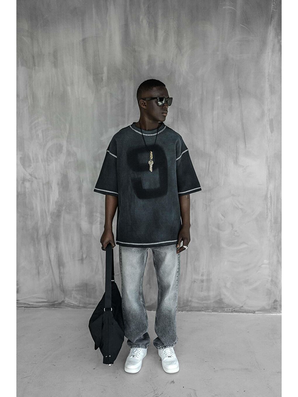 Erkek Dikiş Detaylı Waffle Kumaş Oversize Tişört Siyah