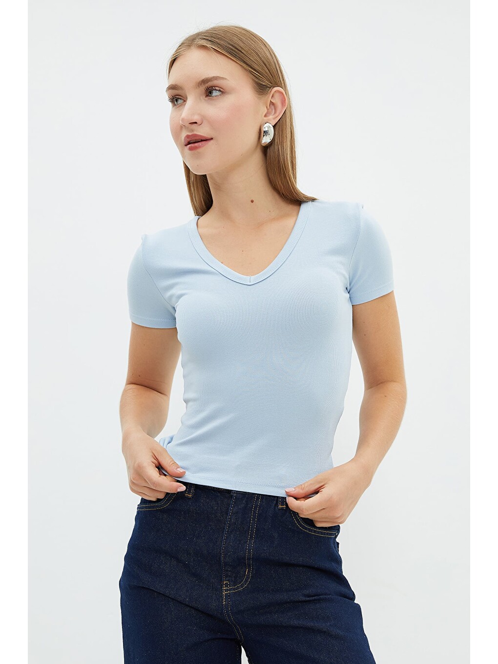 Mavi Basic V Yaka Slim Fit Tişört-4