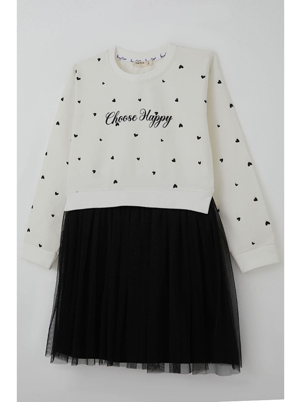 Kız Çocuk Uzun Kollu Elbise Kalp Desenli Yazı Baskılı Ekru (4-8 Yaş)-2