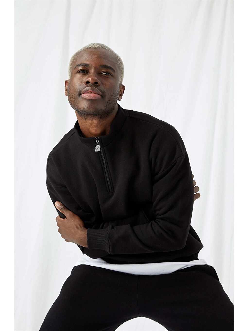 Erkek Siyah Fermuarlı Oversize Sweatshirt