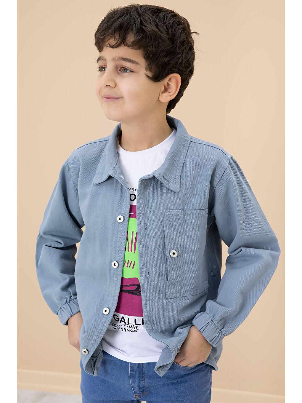 Erkek Çocuk Mavi Baskılı Tişörtlü Jean Gömlekli 2li Takım 20031-2