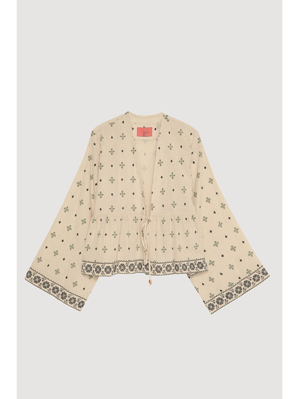 Bej Pile Detaylı Desenli Bağlamalı Kısa Kimono Naturel