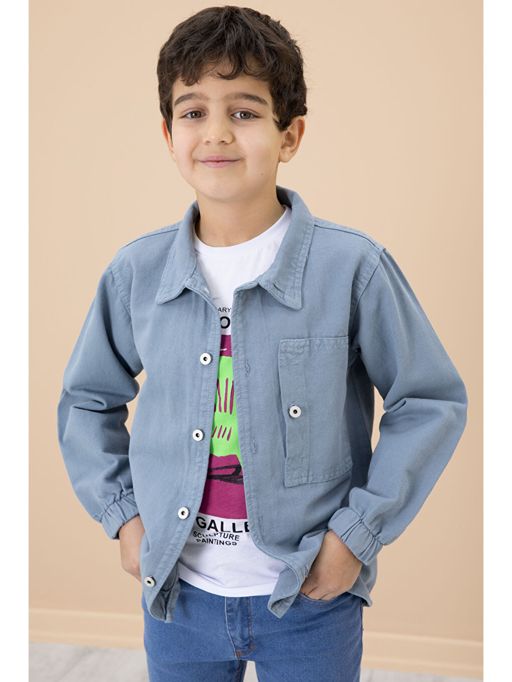 Erkek Çocuk Mavi Baskılı Tişörtlü Jean Gömlekli 2li Takım 20031-3