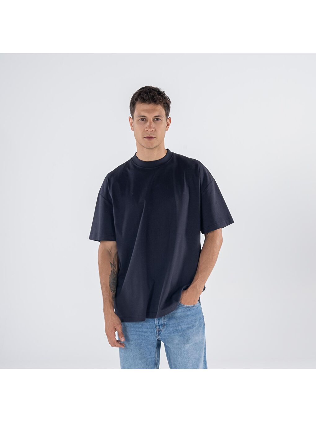 Pina Erkek Koyu Mavi %100 Koton Bisiklet Yaka Oversize Tişört