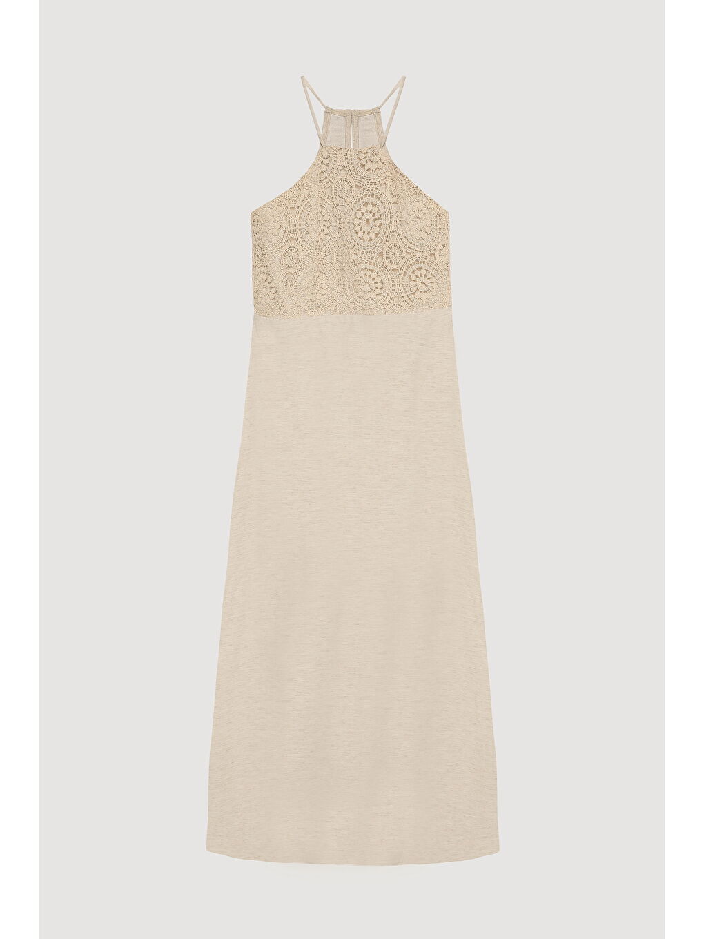 Bej Halter Yaka Dantelli Uzun Elbise Naturel