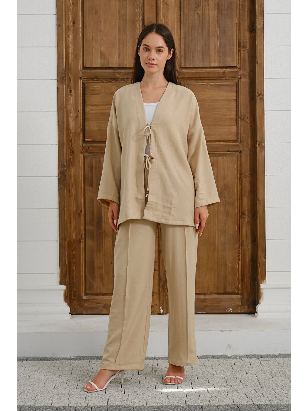Bej Kadın Keten Görünümlü Kimono Takım Rahat Yazlık Kombin-3