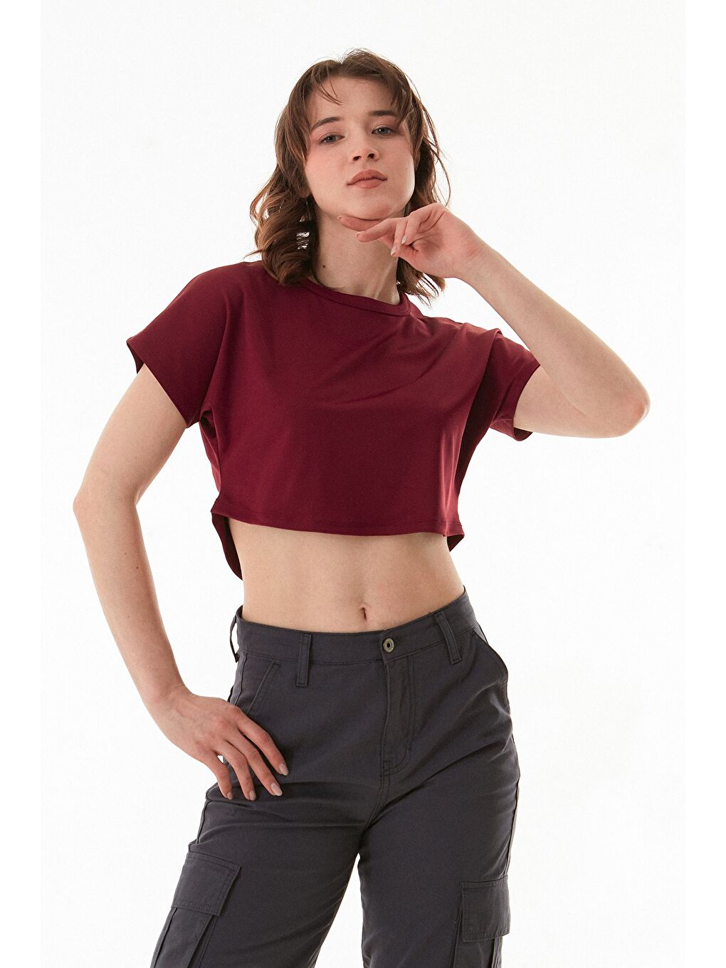 Bordo Basic Yarasa Kol Crop Tişört