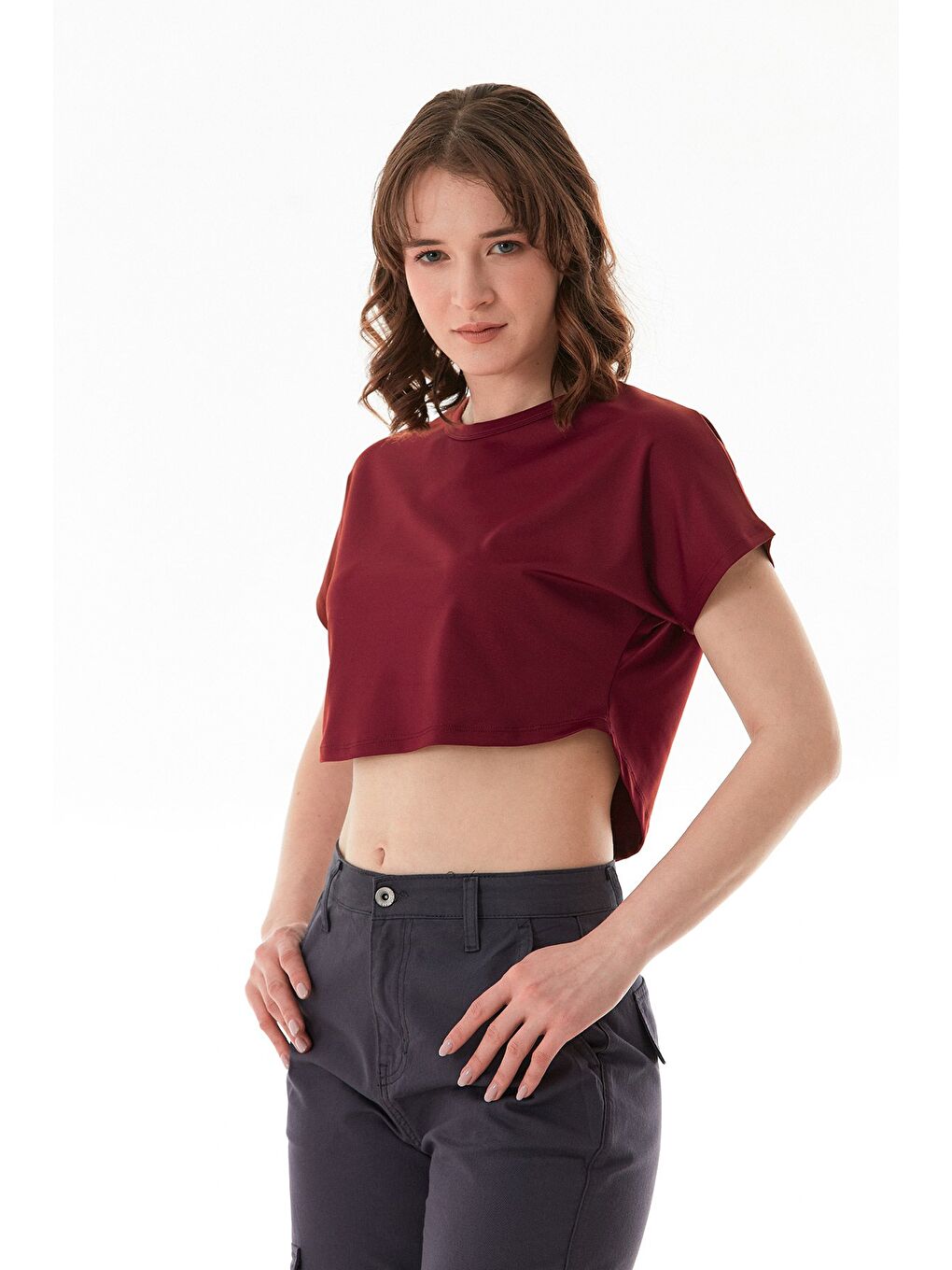 Bordo Basic Yarasa Kol Crop Tişört-1