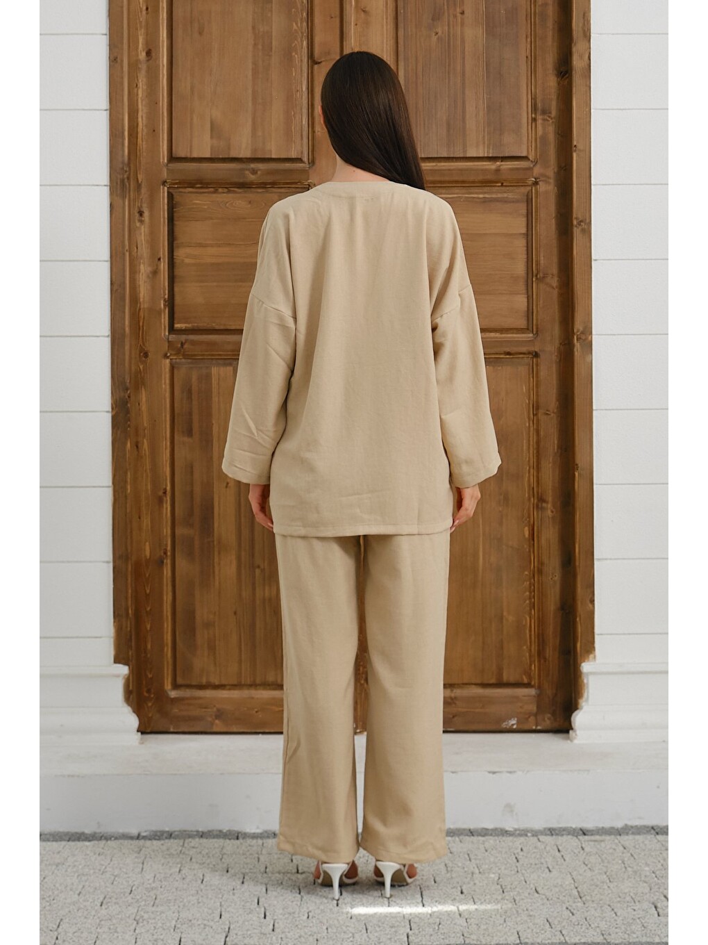 Bej Kadın Keten Görünümlü Kimono Takım Rahat Yazlık Kombin-6