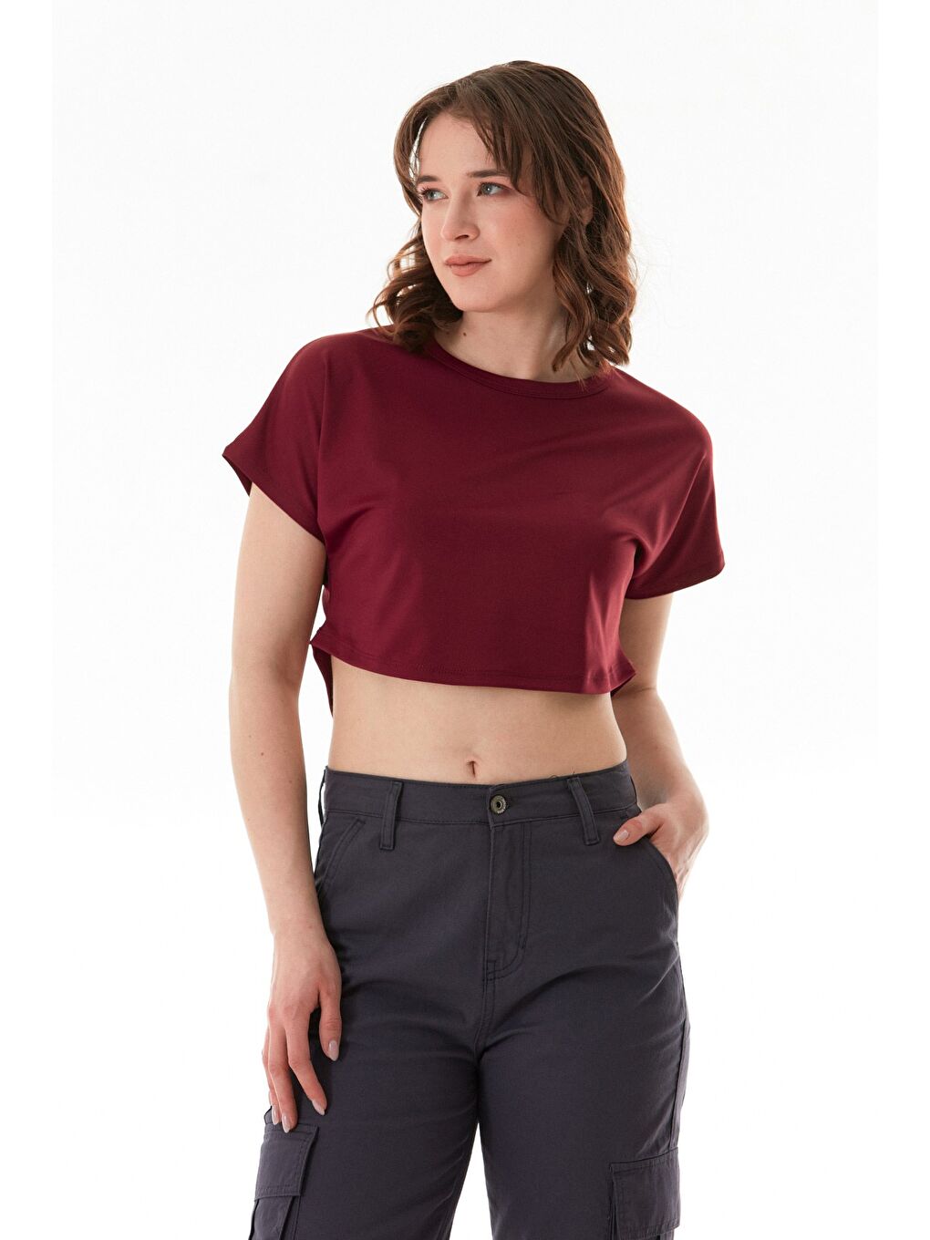 Bordo Basic Yarasa Kol Crop Tişört-3
