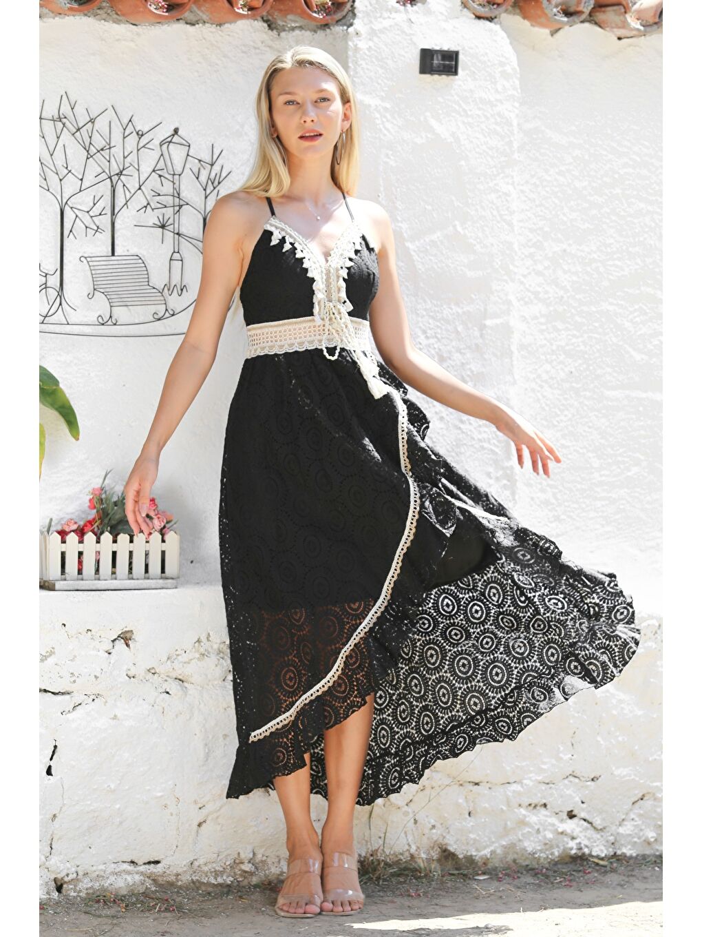 İtalyan Siyah V Yaka Askılı Astarlı Anvelop Etek Fistolu Pamuklu Dokuma Casual Elbise