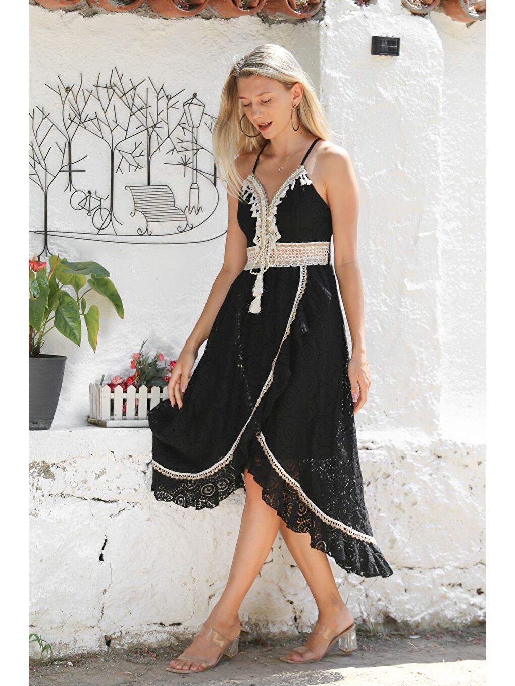 İtalyan Siyah V Yaka Askılı Astarlı Anvelop Etek Fistolu Pamuklu Dokuma Casual Elbise-2