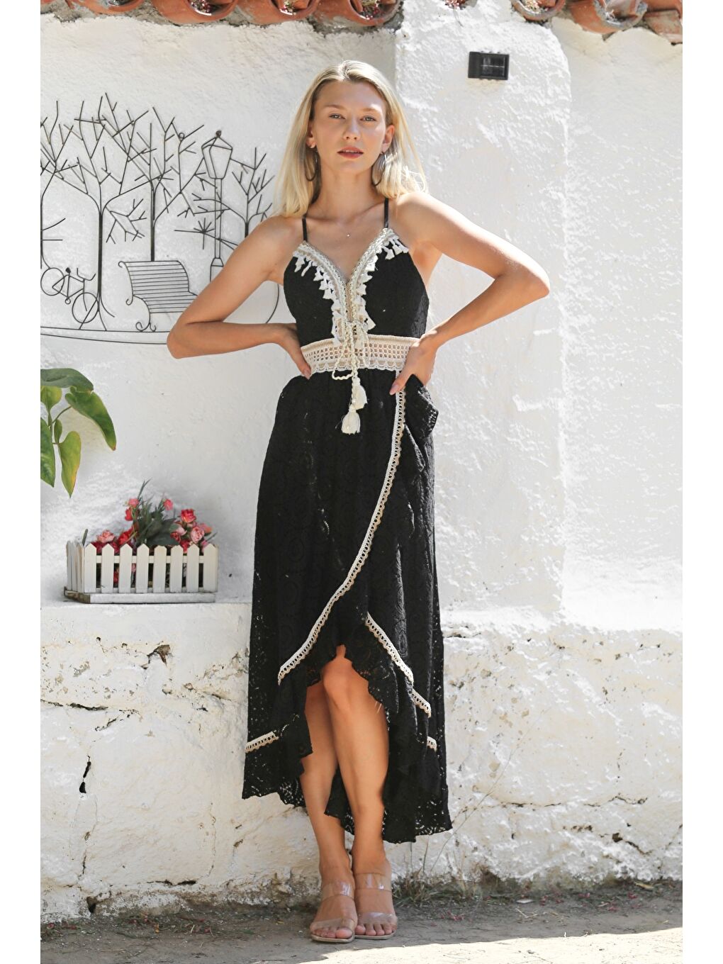 İtalyan Siyah V Yaka Askılı Astarlı Anvelop Etek Fistolu Pamuklu Dokuma Casual Elbise-3