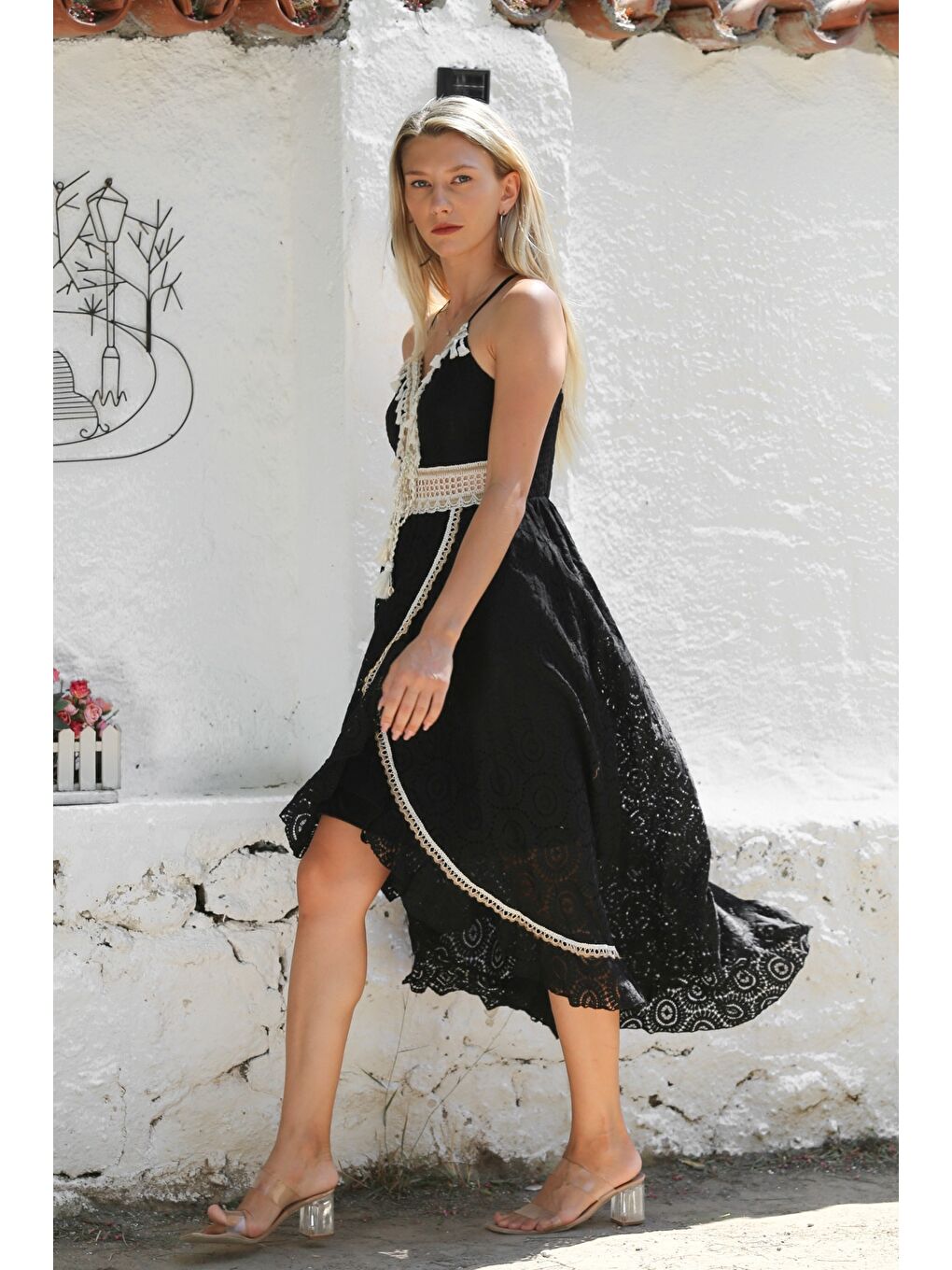 İtalyan Siyah V Yaka Askılı Astarlı Anvelop Etek Fistolu Pamuklu Dokuma Casual Elbise-4