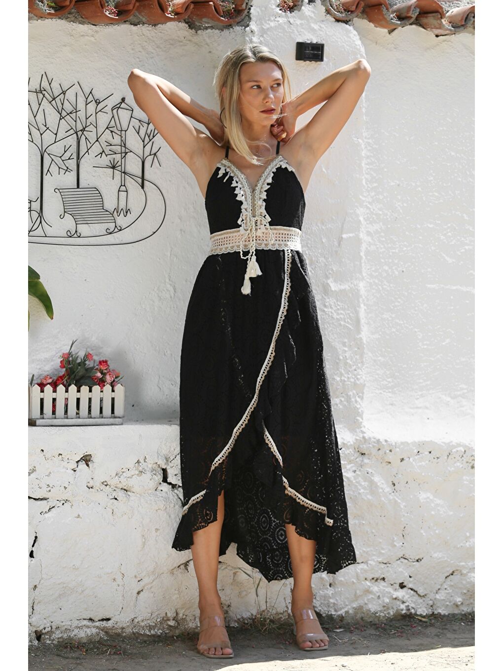 İtalyan Siyah V Yaka Askılı Astarlı Anvelop Etek Fistolu Pamuklu Dokuma Casual Elbise-5