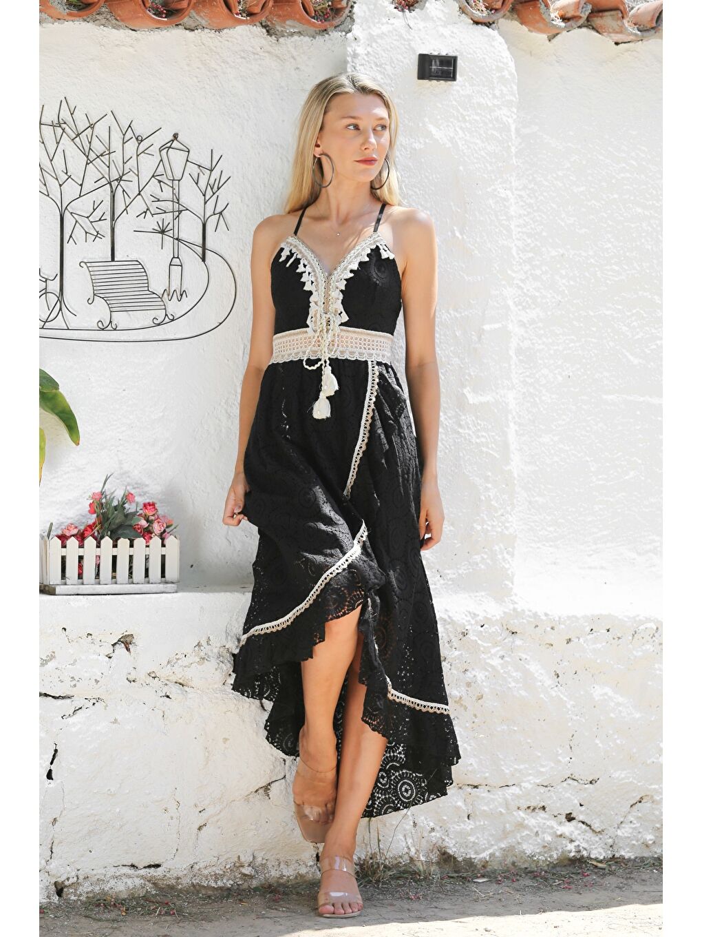 İtalyan Siyah V Yaka Askılı Astarlı Anvelop Etek Fistolu Pamuklu Dokuma Casual Elbise-6