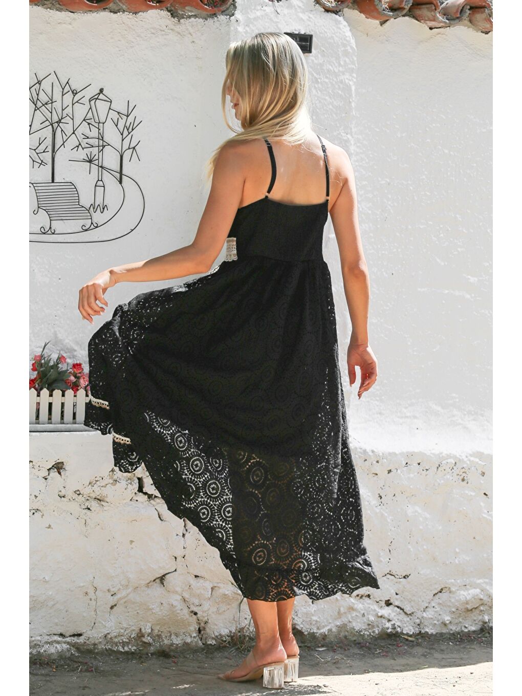 İtalyan Siyah V Yaka Askılı Astarlı Anvelop Etek Fistolu Pamuklu Dokuma Casual Elbise-7