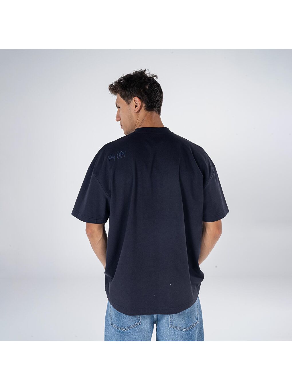 Pina Erkek Koyu Mavi %100 Koton Bisiklet Yaka Oversize Tişört-1