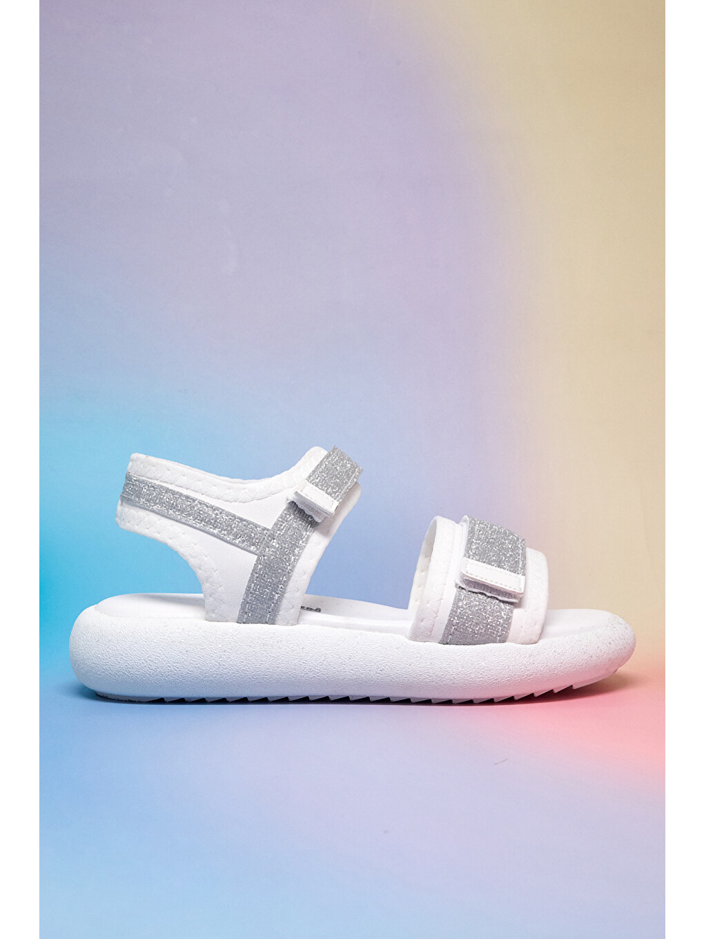 Çocuk Unisex Beyaz Gümüş Simli Çocuk Çift Cırtlı Simli Sandalet-1
