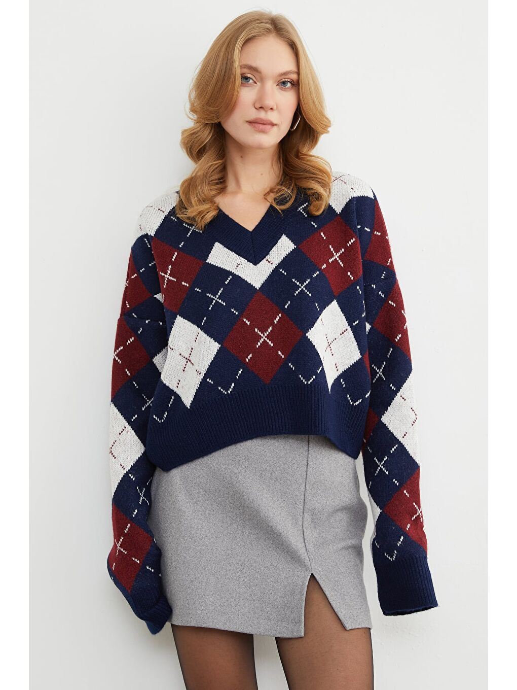 Lacivert Baklava Desenli V Yaka Triko Kazak-2