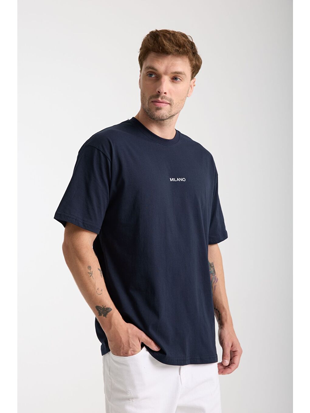 Erkek Lacivert Milano Nakış Yazılı Oversize Bisiklet Yaka Tişört-4