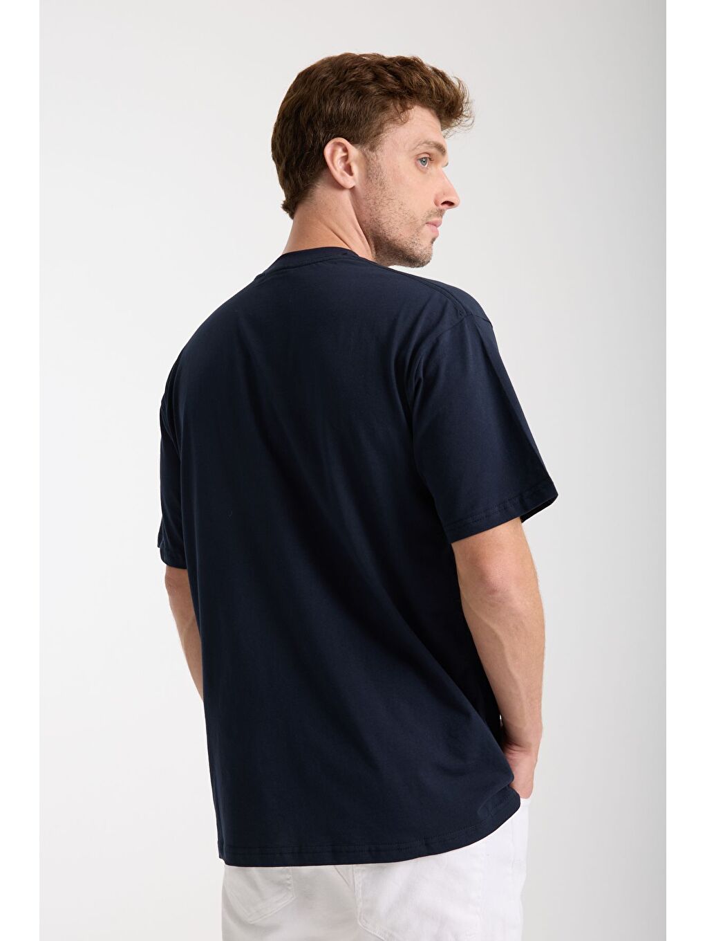 Erkek Lacivert Milano Nakış Yazılı Oversize Bisiklet Yaka Tişört-5