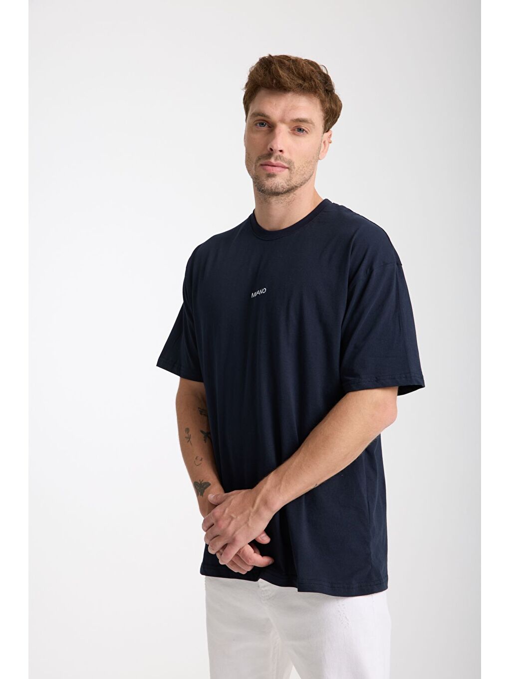 Erkek Lacivert Milano Nakış Yazılı Oversize Bisiklet Yaka Tişört-6