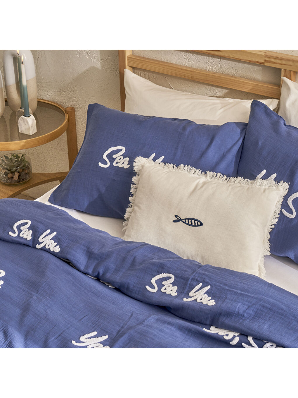 %100 Pamuk Marine Punch Nakışlı Çift Kişilik Yatak Örtüsü Seti Lacivert (240x260 cm)-1