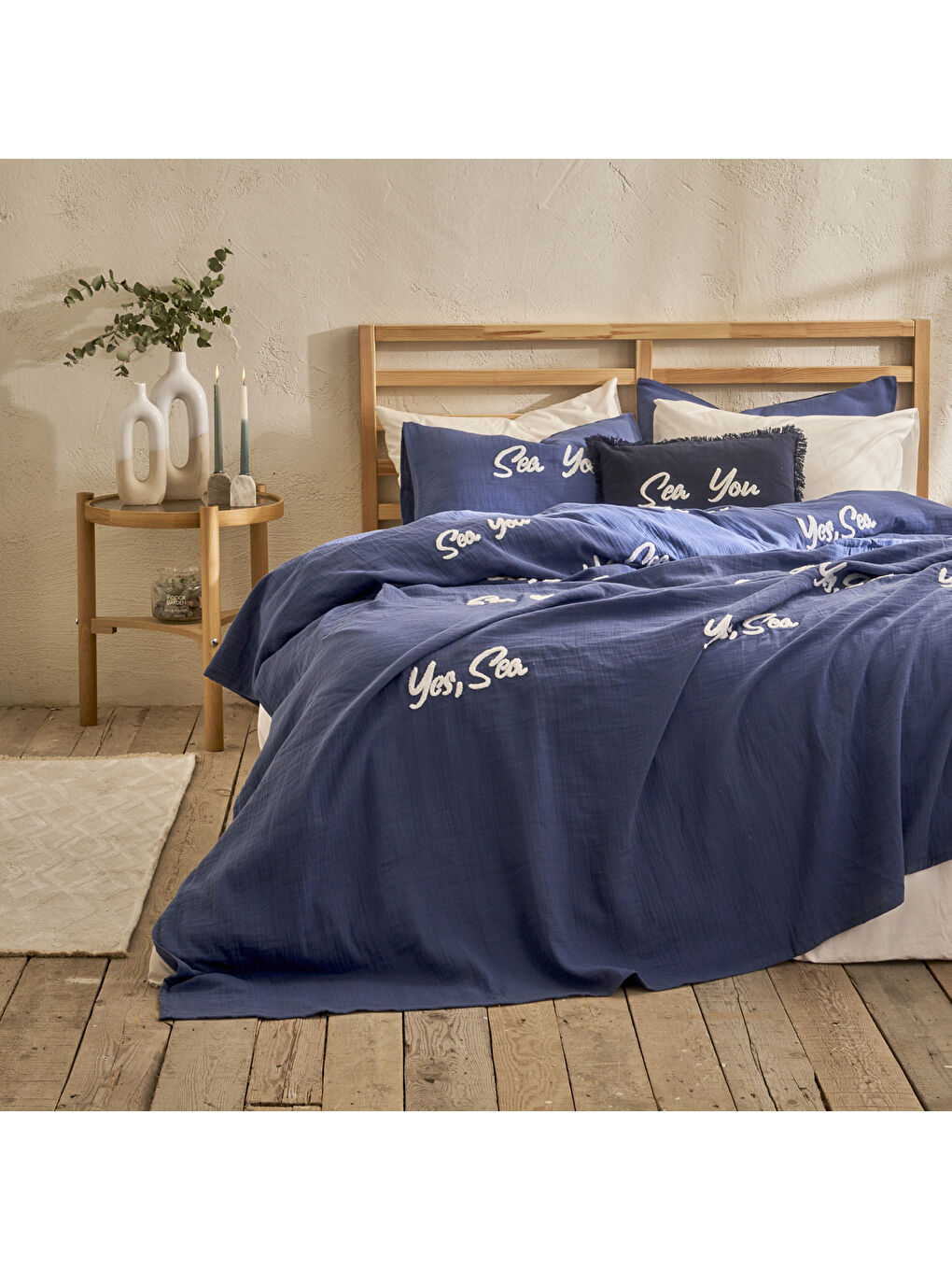 %100 Pamuk Marine Punch Nakışlı Çift Kişilik Yatak Örtüsü Seti Lacivert (240x260 cm)-2