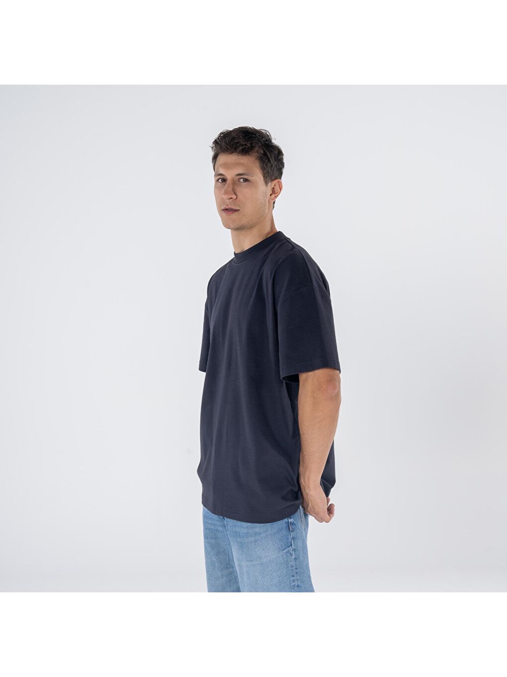 Pina Erkek Koyu Mavi %100 Koton Bisiklet Yaka Oversize Tişört-2