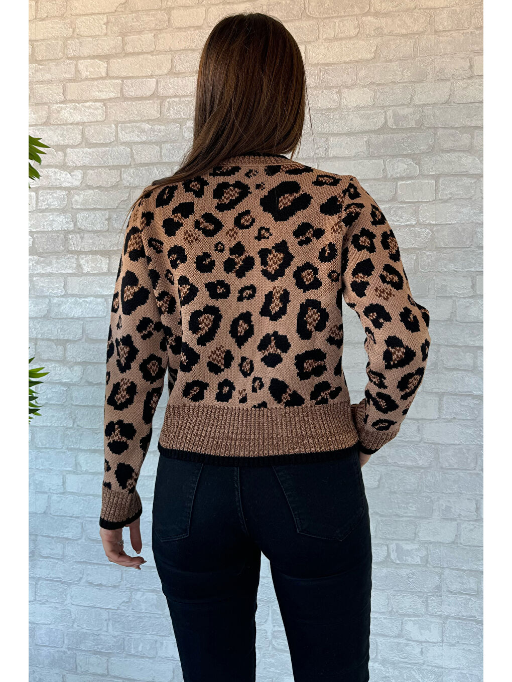 Gülseli Siyah Leopar Desenli Kurdele Detaylı Triko Ceket - 3