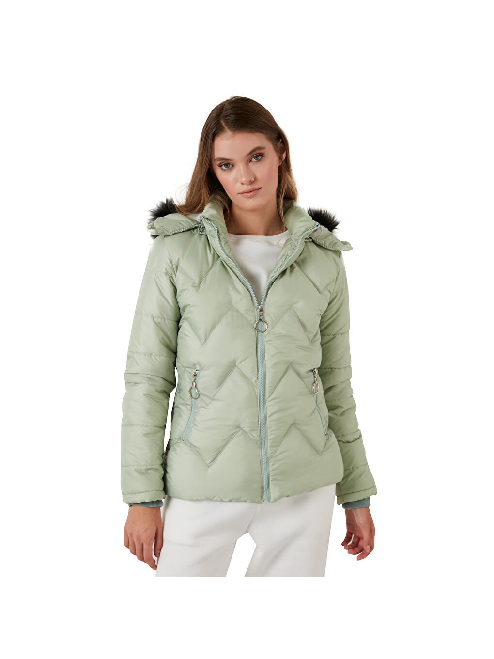 Yeşil Tüylü Kapüşonlu Cepli Şişme Kadın Mont 5769009-7