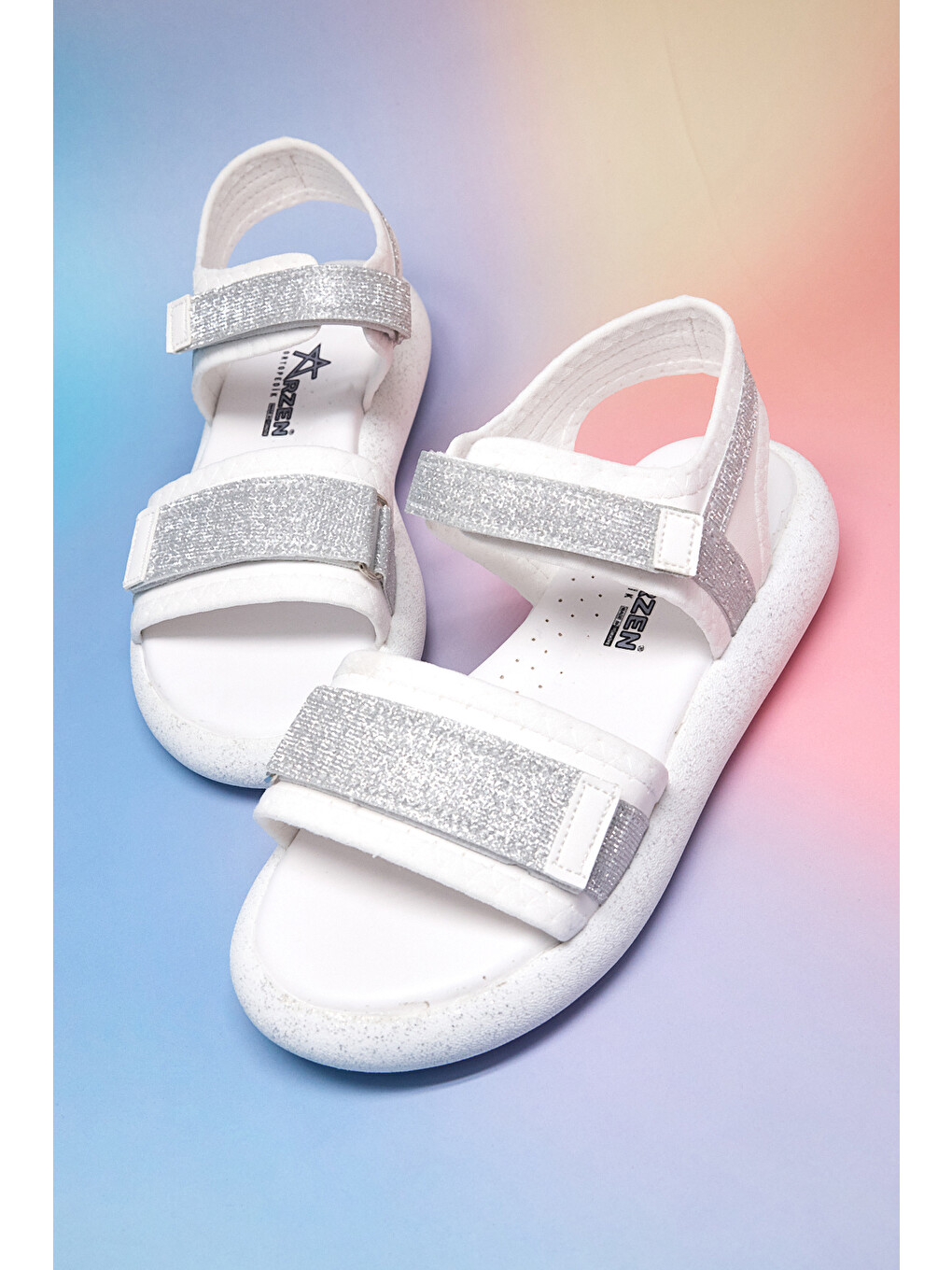 Çocuk Unisex Beyaz Gümüş Simli Çocuk Çift Cırtlı Simli Sandalet-2