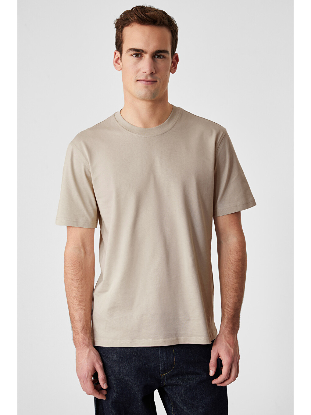 Bej Solo Erkek %100 Organik Pamuklu Kalın Dokulu Comfort Fit Bisiklet Yakalı AÇIK BEJ T-Shirt