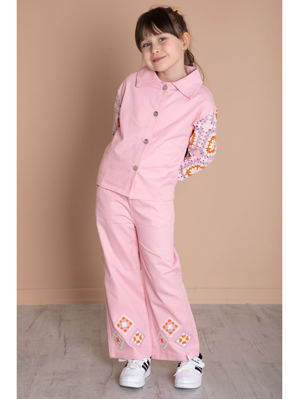 Pembe Nakış Detaylı Kolları Dantel Kız Çocuk Alt Üst Takım 20336-2