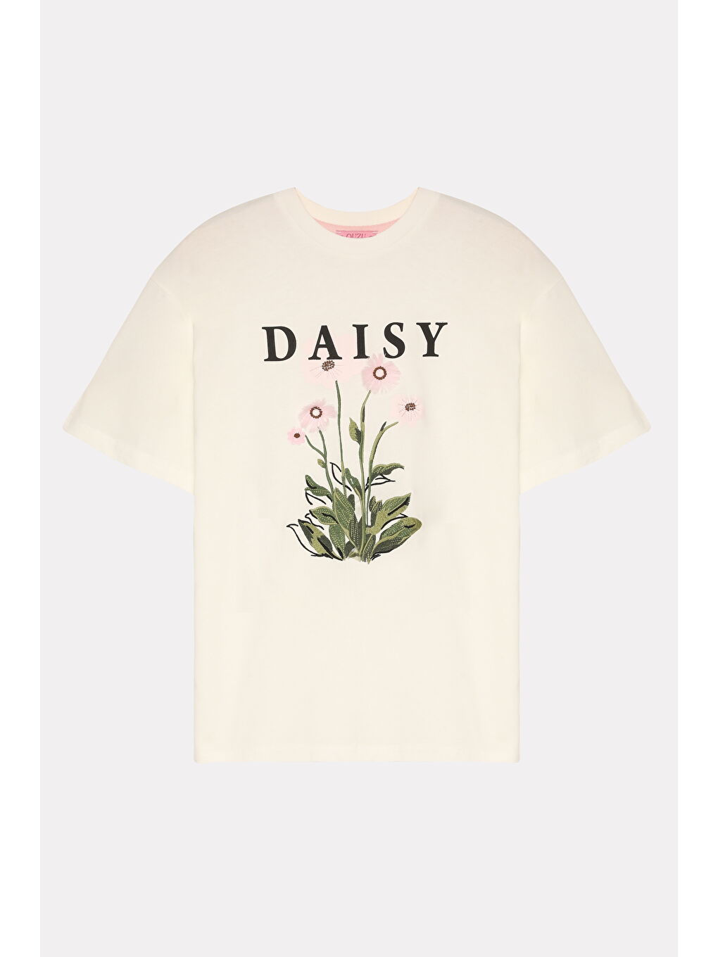 Püskül Çiçekli Yazı Baskılı Tişört Ekru