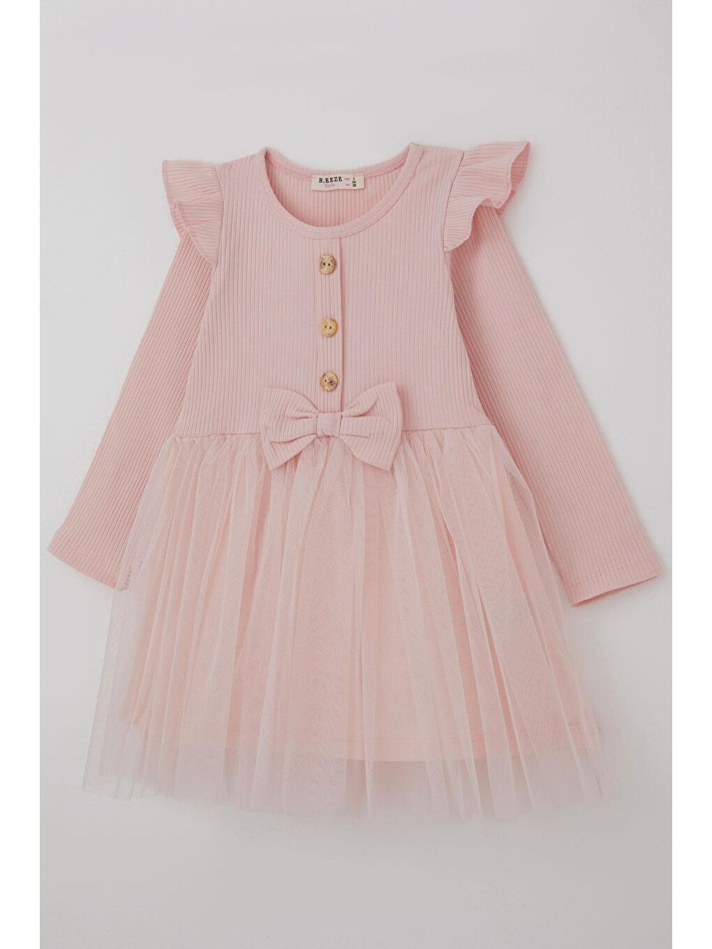 Pembe Kız Çocuk Uzun Kollu Elbise Omzu Fırfır Detaylı Fiyonklu Pudra (3-8 Yaş)-2