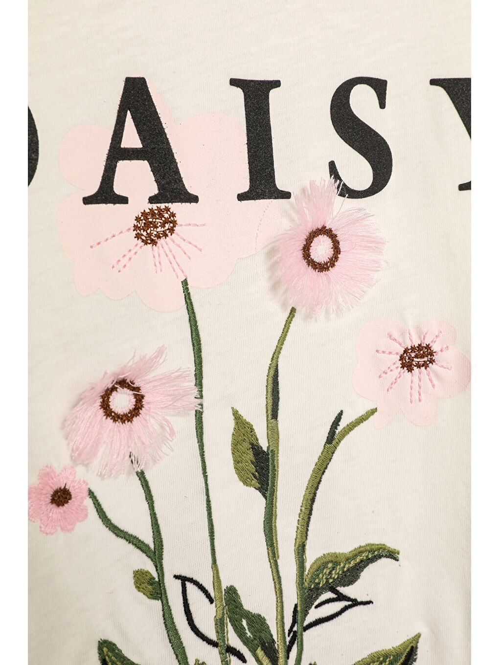 Püskül Çiçekli Yazı Baskılı Tişört Ekru-2