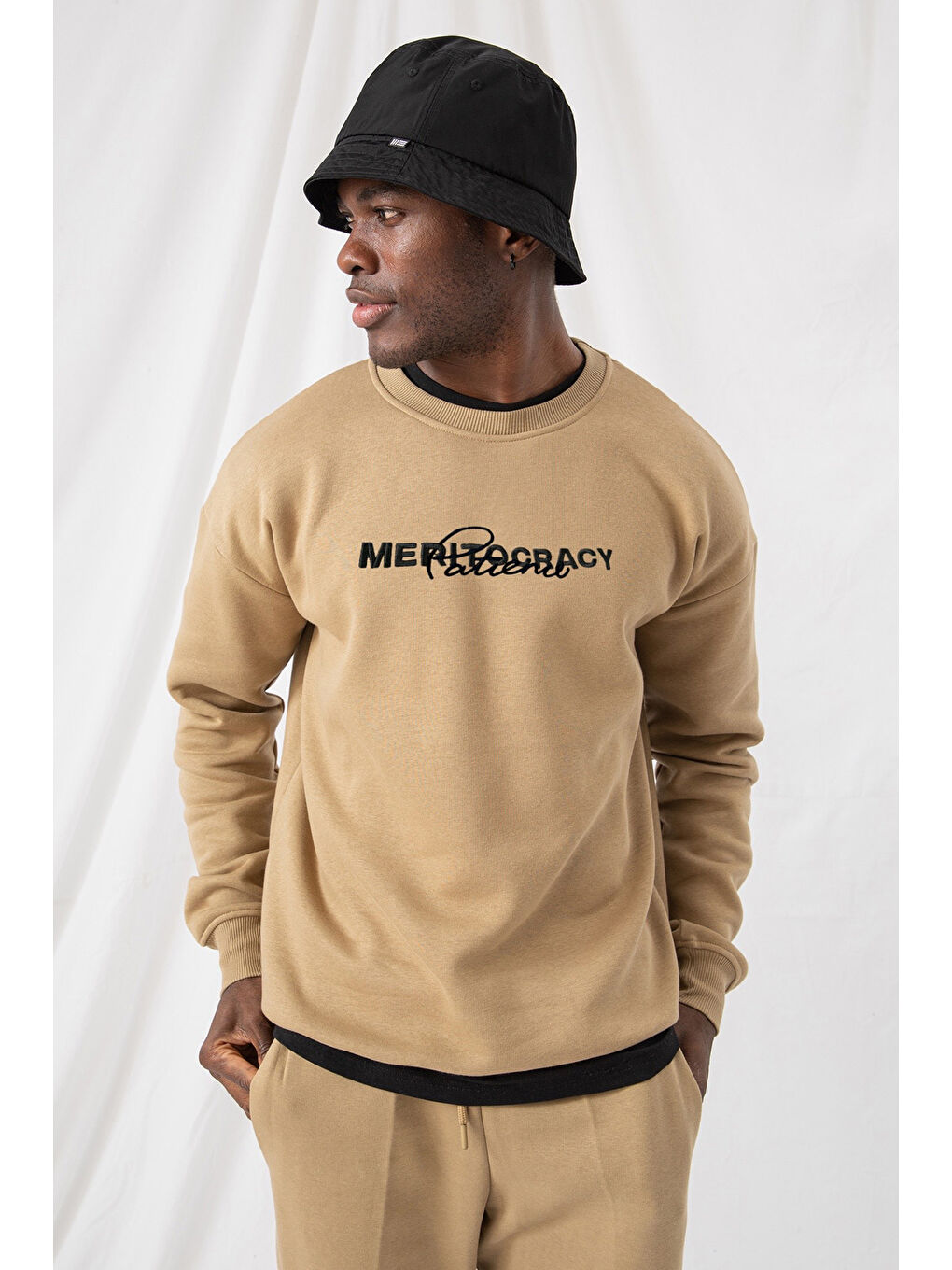 Erkek Meritocracy Oversize Bej Sweatshirt-1