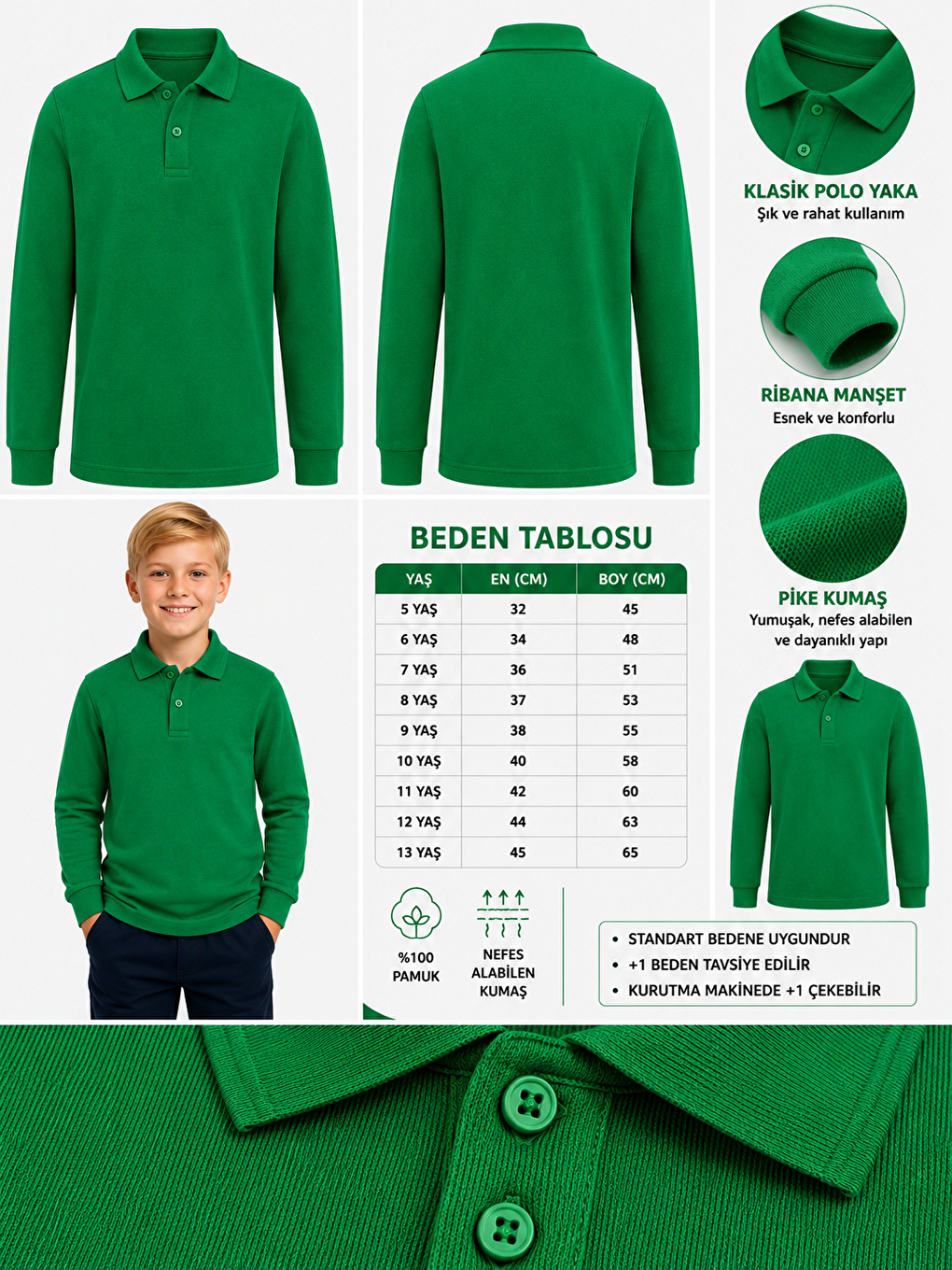 Yeşil Kids Polo Yaka Basic Uzun Kollu Unisex Erkek Çocuk Tişört-1
