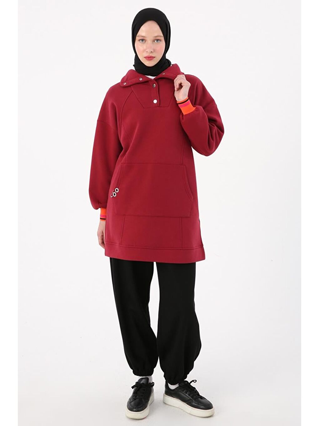 Bordo-Çıtçıt Yakalı Ribana Detaylı Şardonlu Sweat Tunik