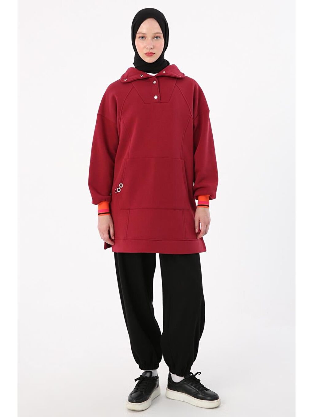 Bordo-Çıtçıt Yakalı Ribana Detaylı Şardonlu Sweat Tunik-1