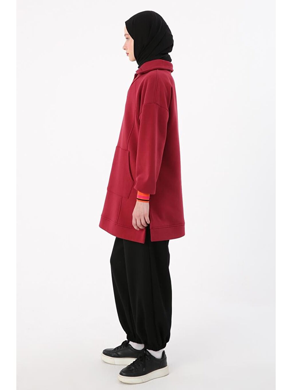 Bordo-Çıtçıt Yakalı Ribana Detaylı Şardonlu Sweat Tunik-2