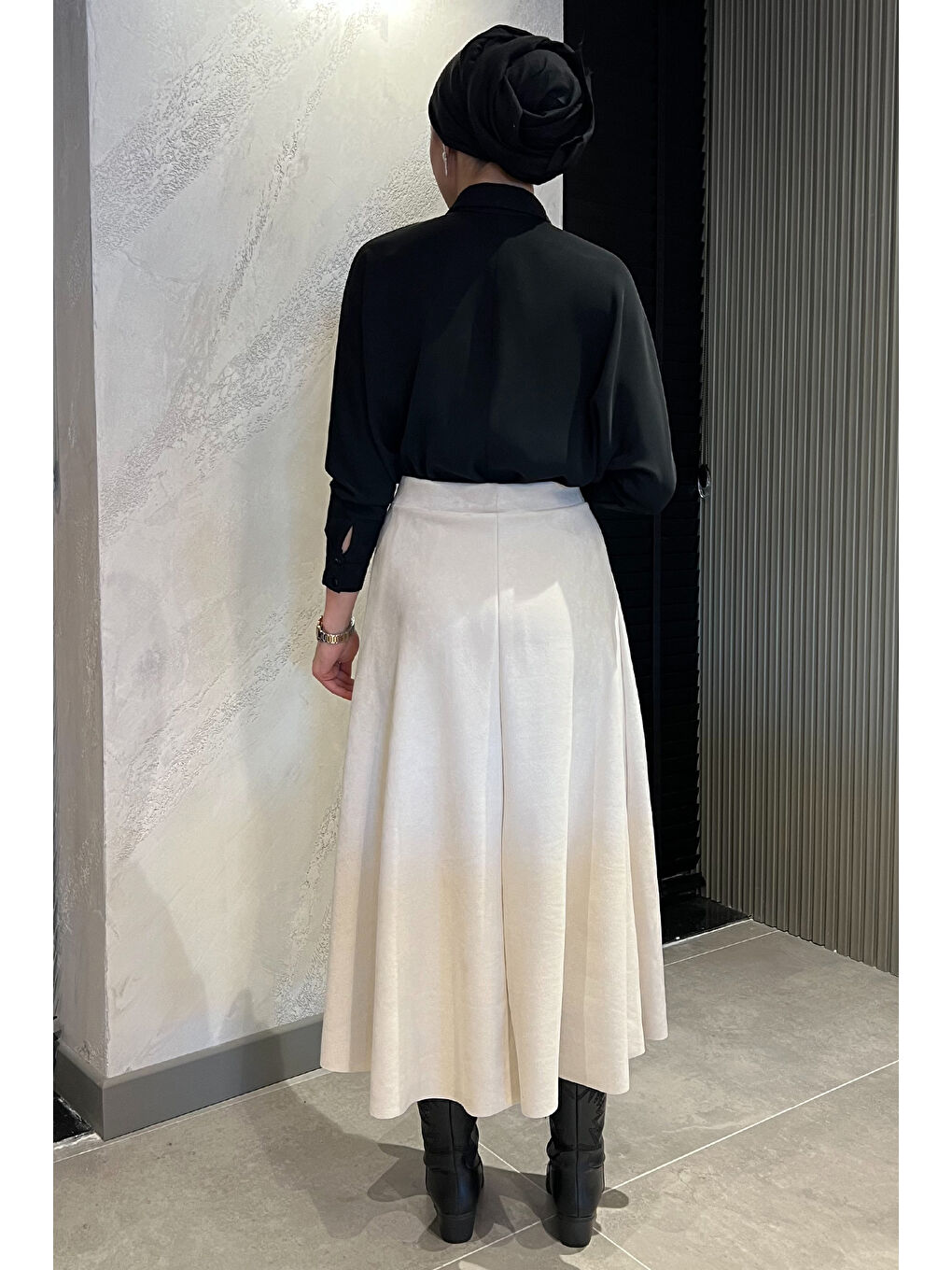 Bej Kadın Kloş Uzun Süet Etek-6