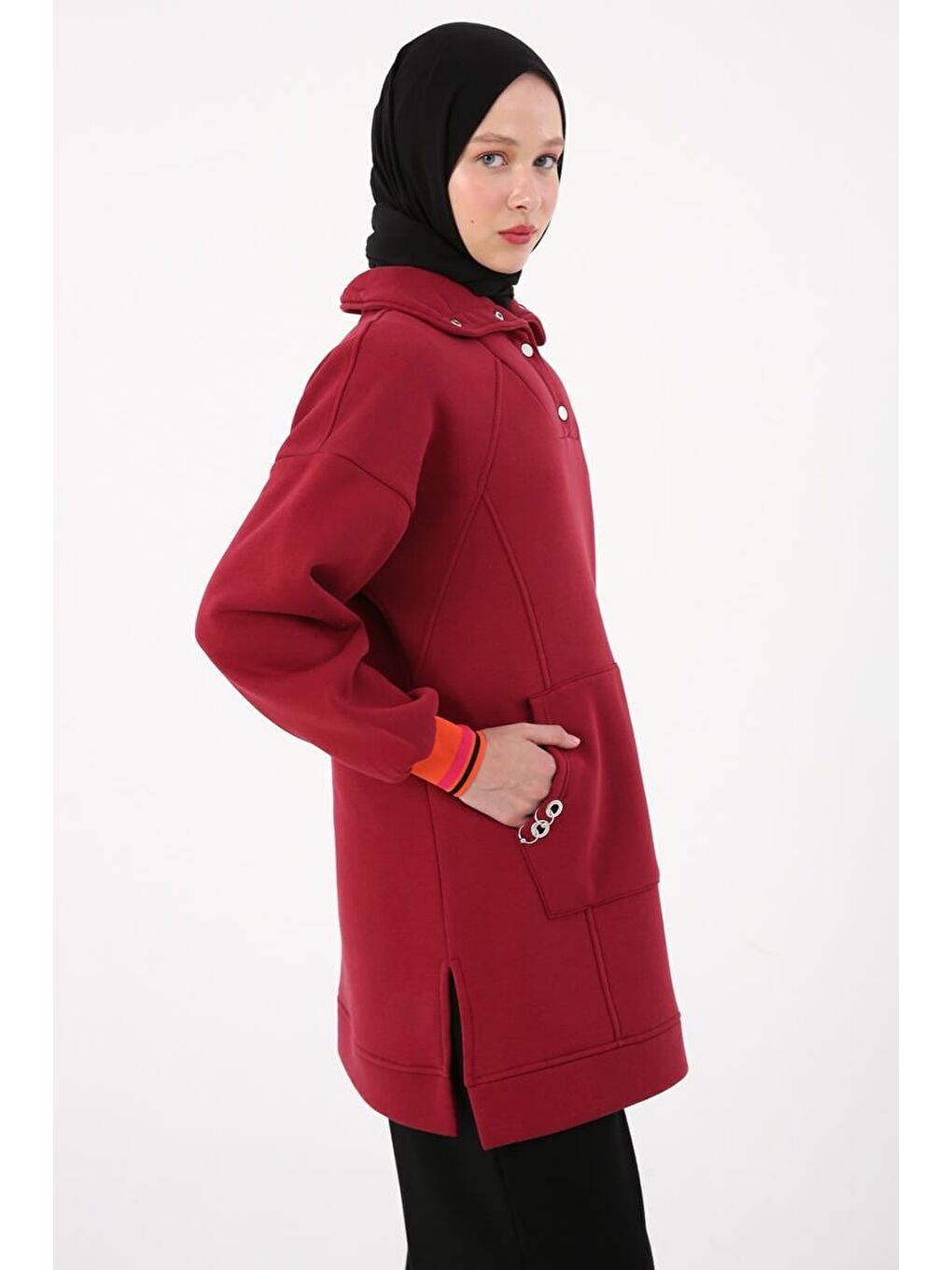 Bordo-Çıtçıt Yakalı Ribana Detaylı Şardonlu Sweat Tunik-4