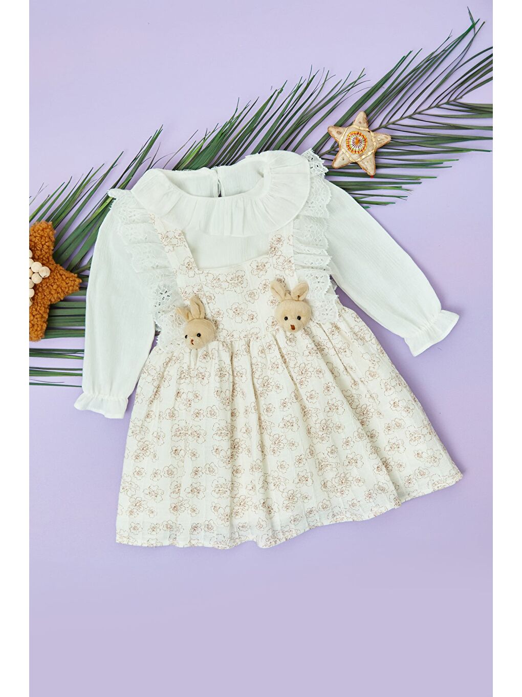 Beyaz Tavşan Aksesuar Detaylı Gömlekli Kız Çocuk Elbise