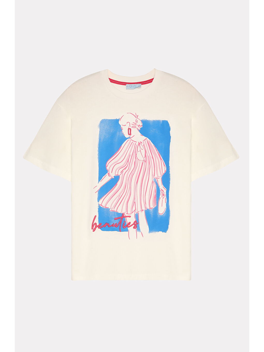 Nakış Yazılı Baskılı Kısa Kol Tişört Ekru