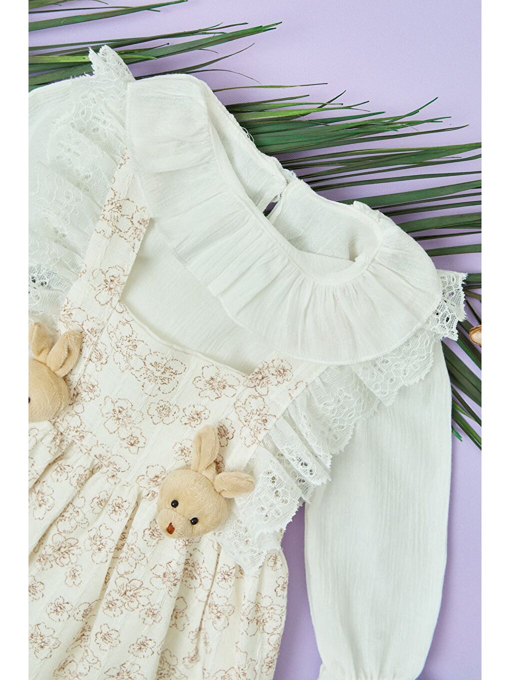 Beyaz Tavşan Aksesuar Detaylı Gömlekli Kız Çocuk Elbise-1